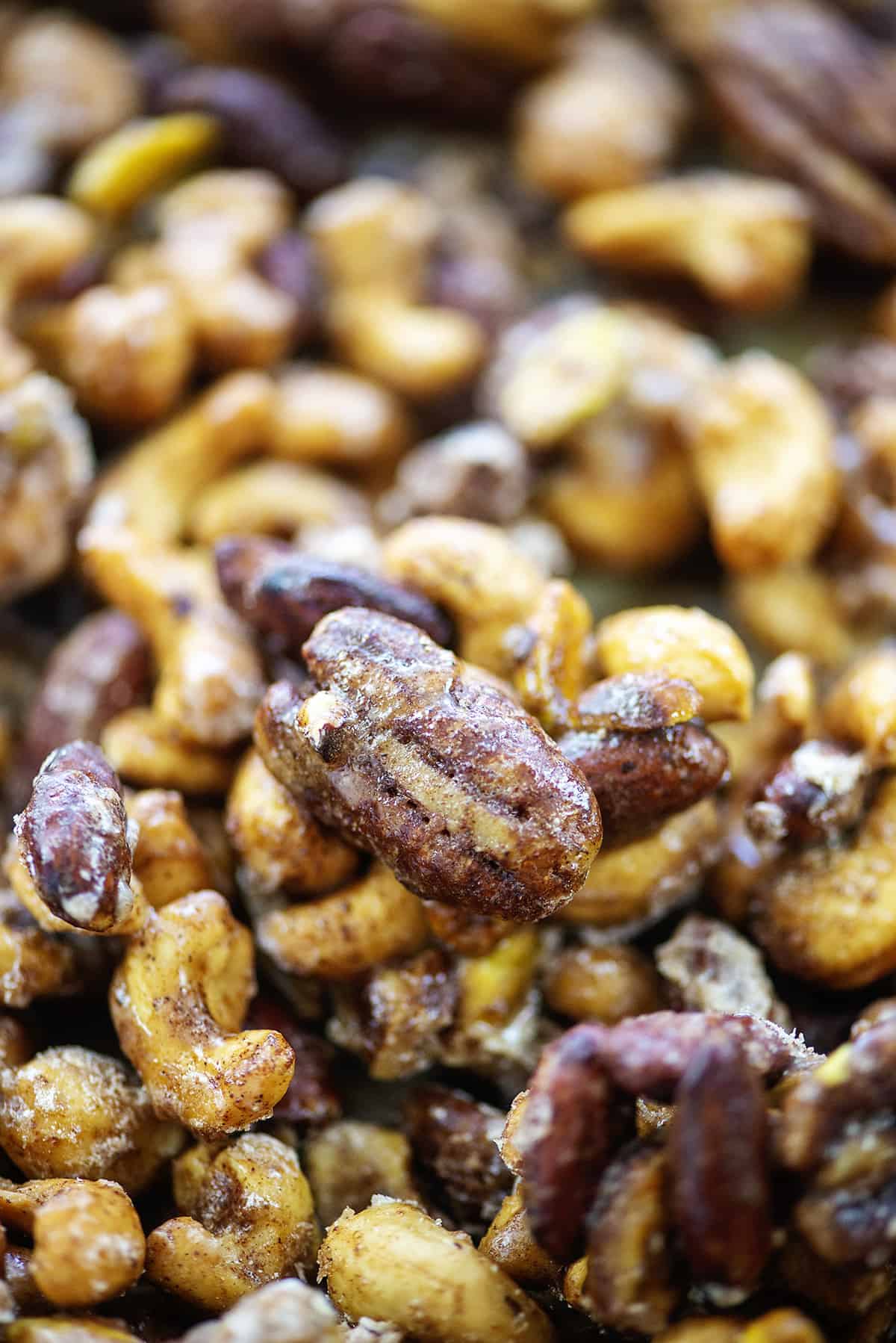 Close up of roasted nuts on pan.