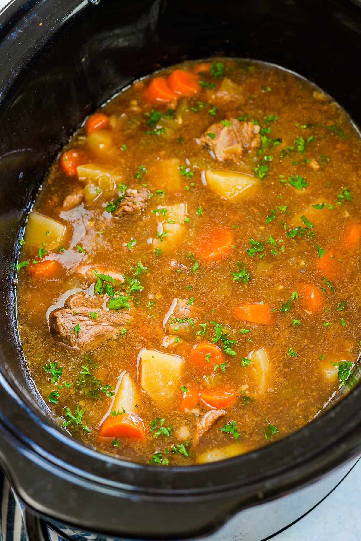 Beef stew in crockpot.