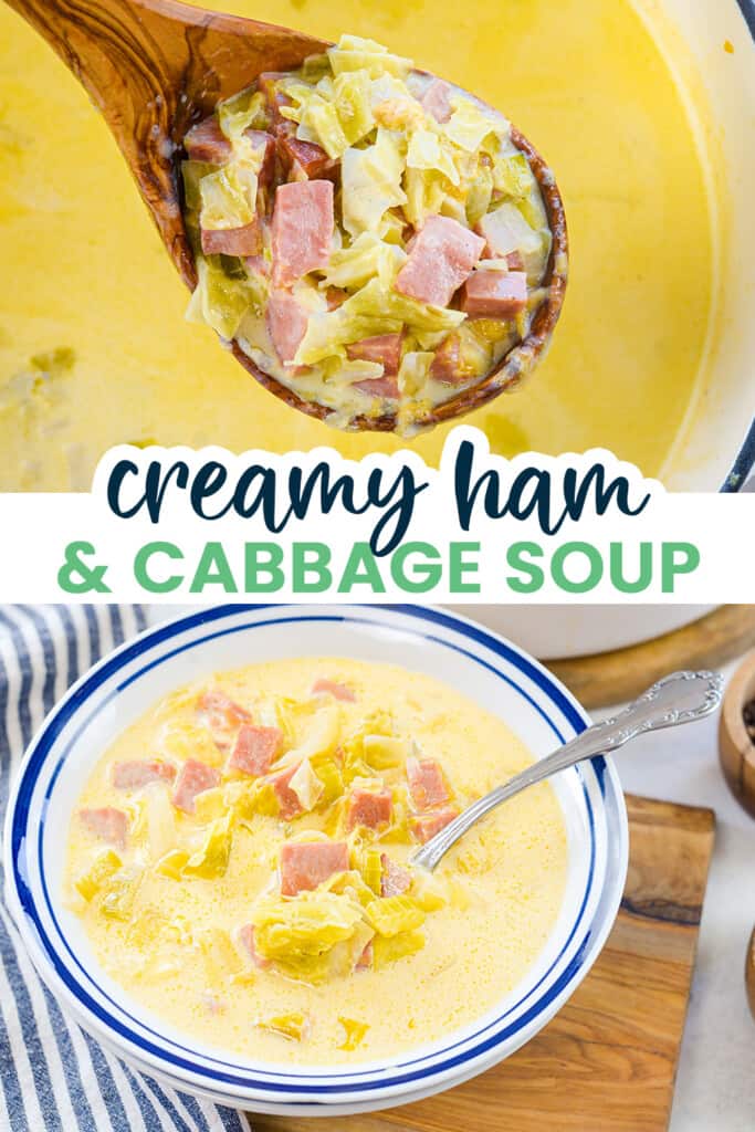 Collage of ham and cabbage soup images.