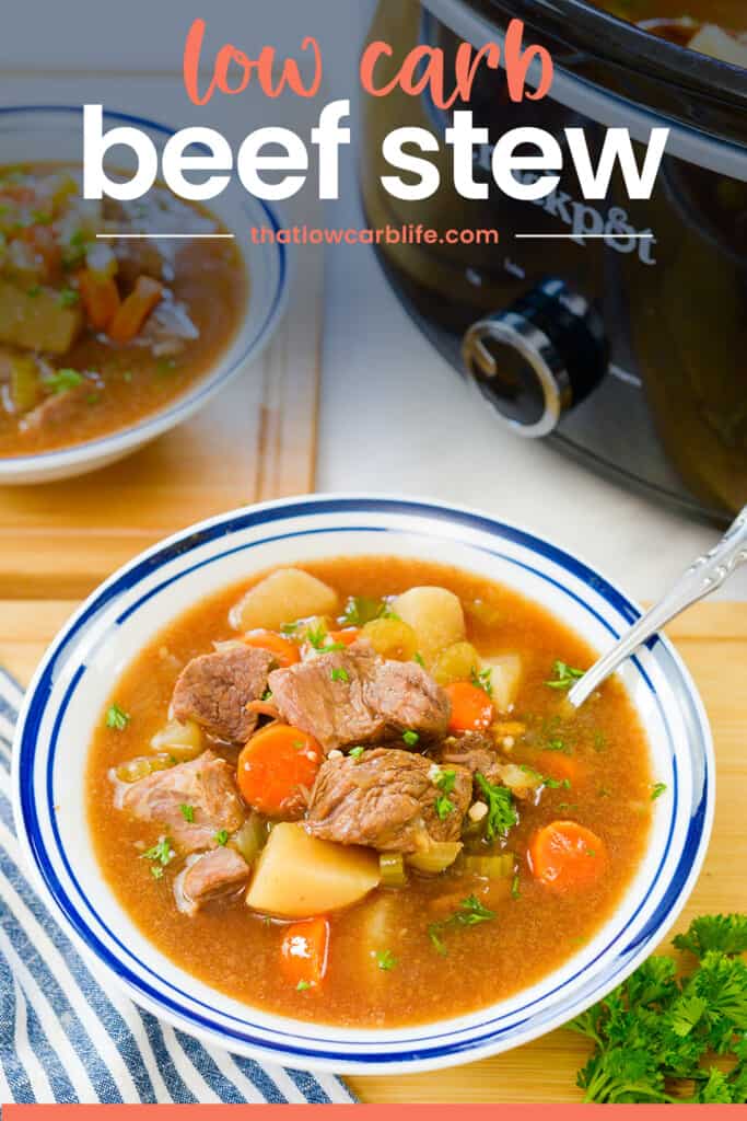 Beef stew in white bowl with text for Pinterest.