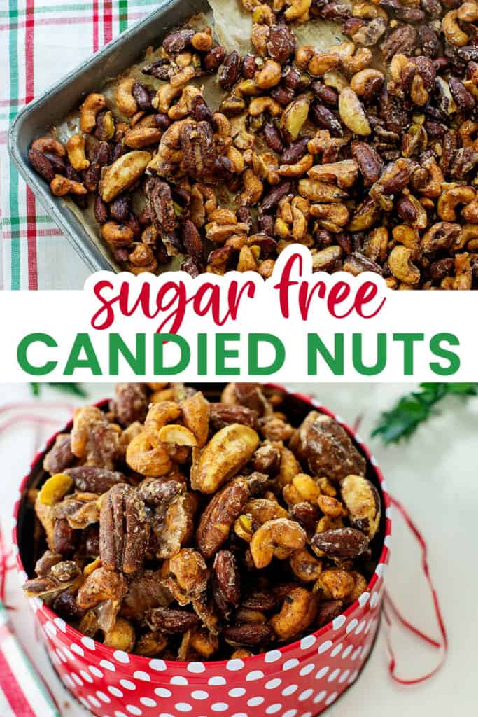 Collage of sugar free candied nuts images.
