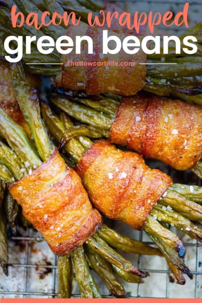 Green beans wrapped in bacon with text for PInterest.