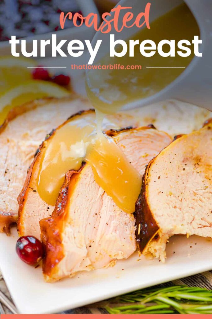 Roasted turkey breast sliced and topped with gravy.