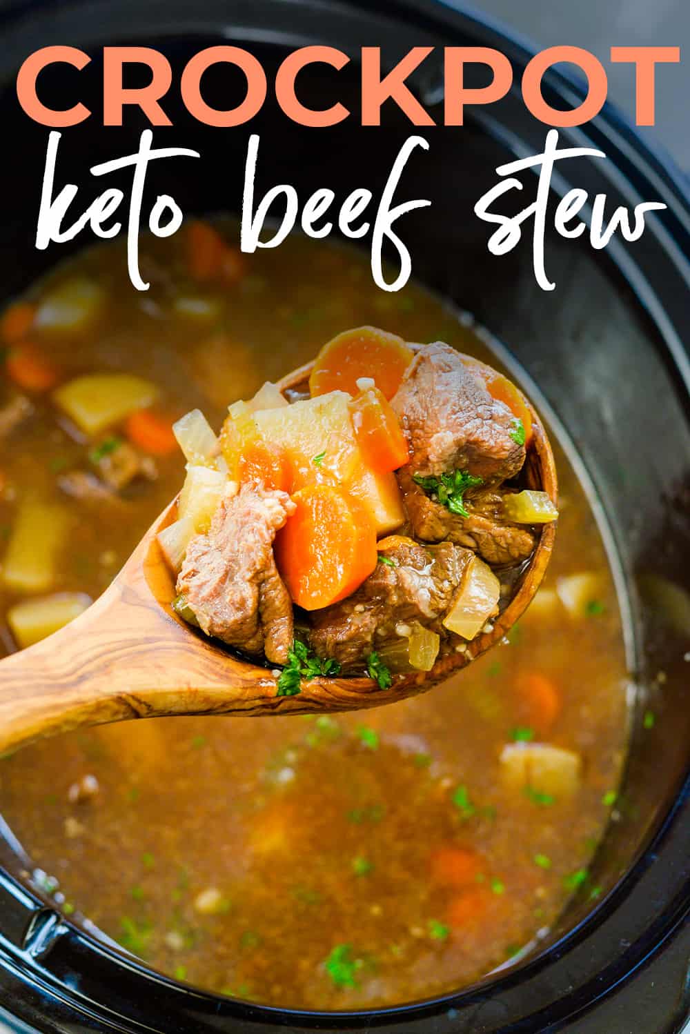 Keto beef stew on ladle over crockpot.