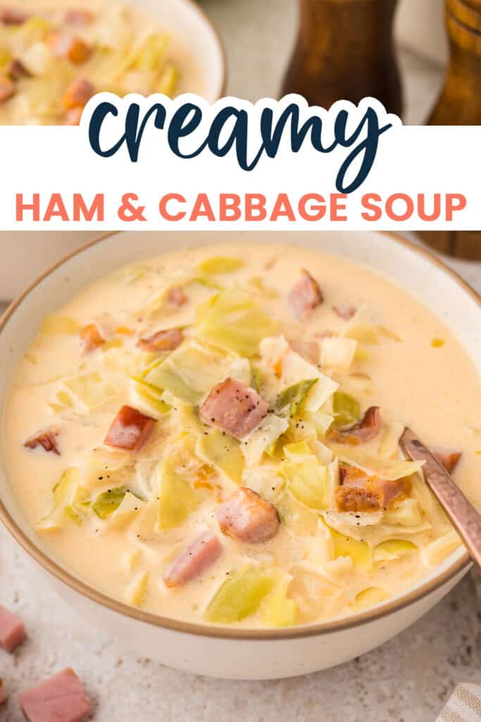 Creamy ham and cabbge soup in bowl.