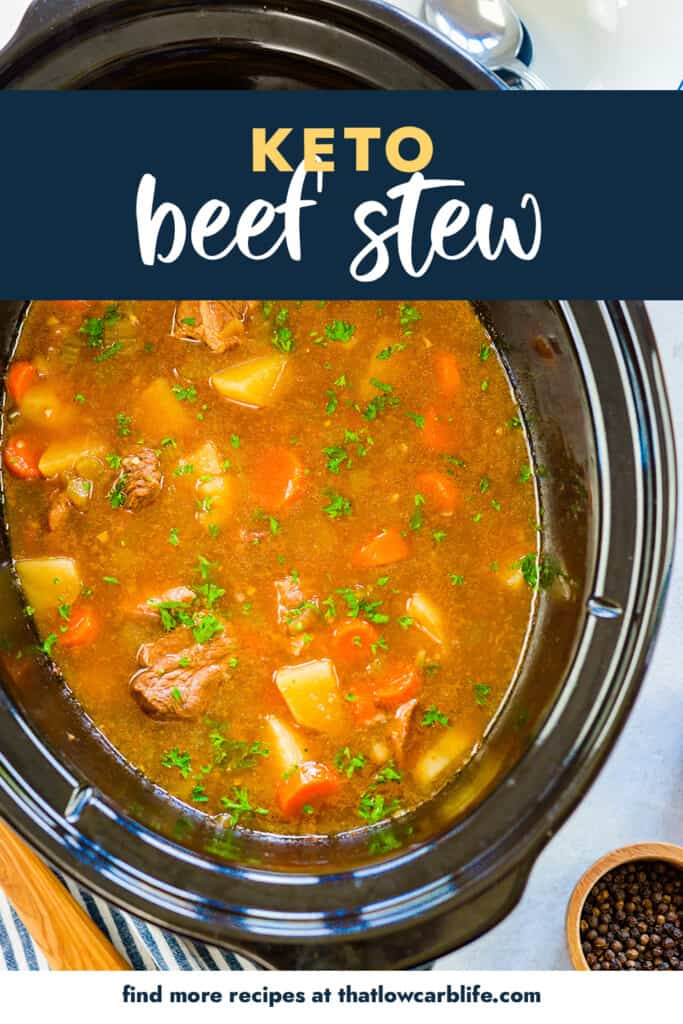 Beef stew in slow cooker with text for Pinterest.