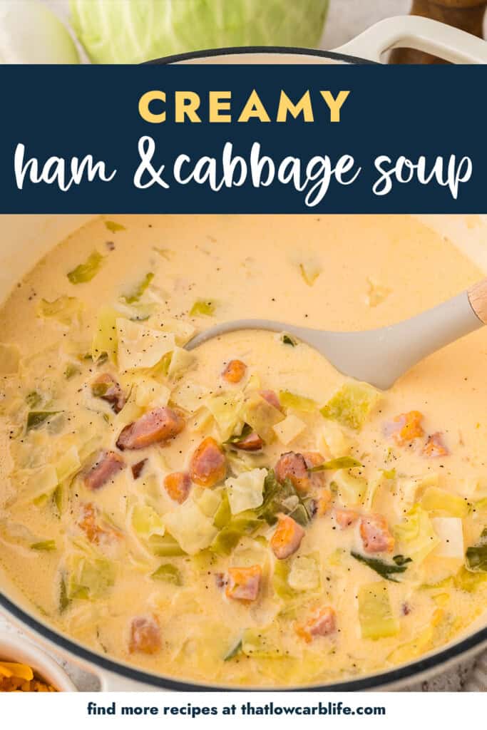 Keto ham and cabbage soup on ladle.