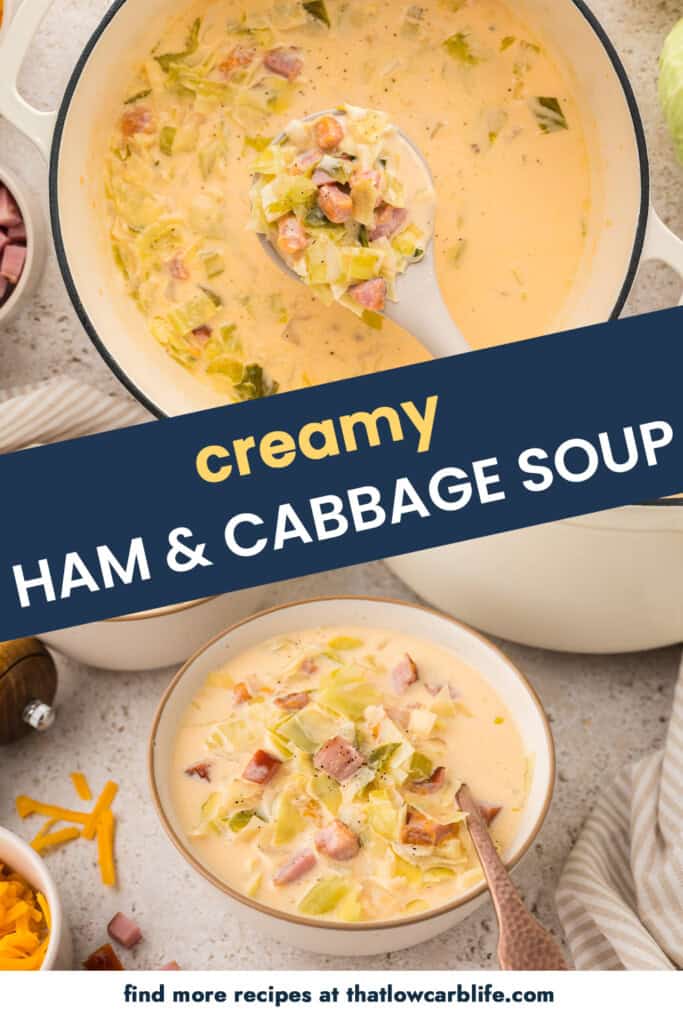 Low carb ham and cabbage soup in bowl.