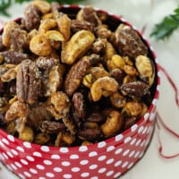 Candied nuts in Christmas tin.