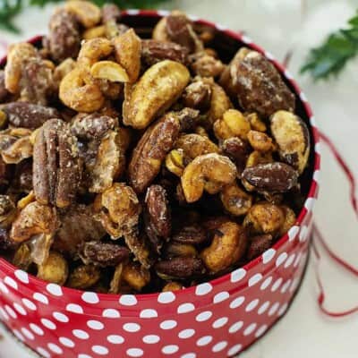 Candied nuts in Christmas tin.