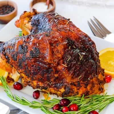 Roasted turkey breast on platter.