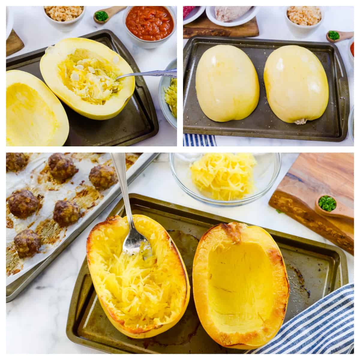 Collage showing how to roast spaghetti squash.