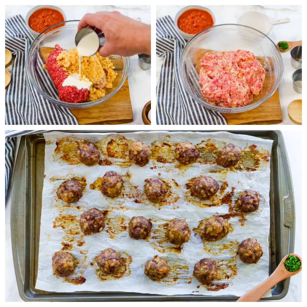Collage showing how to make keto meatballs.