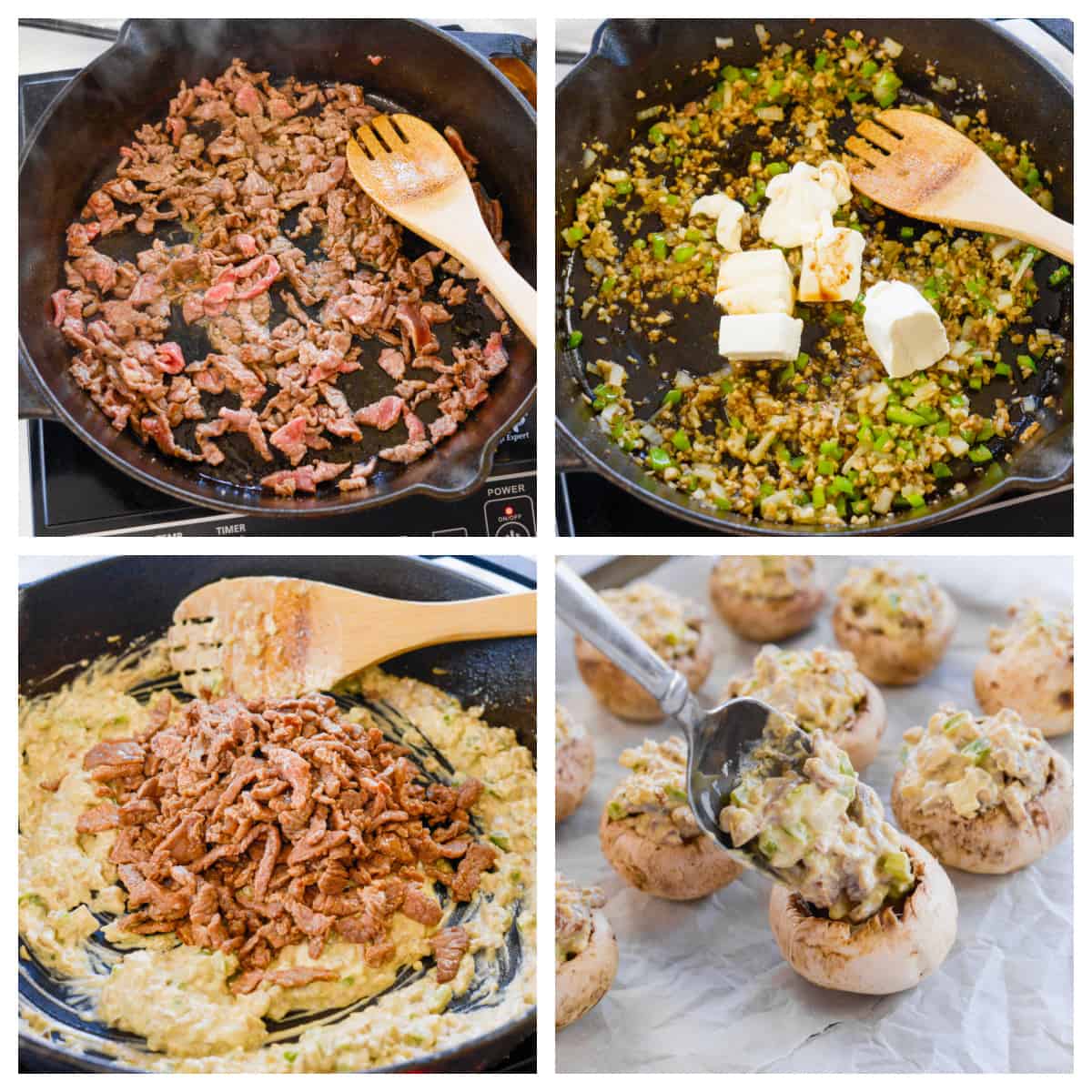 Collage showing how to make Philly cheesesteak stuffed mushrooms.