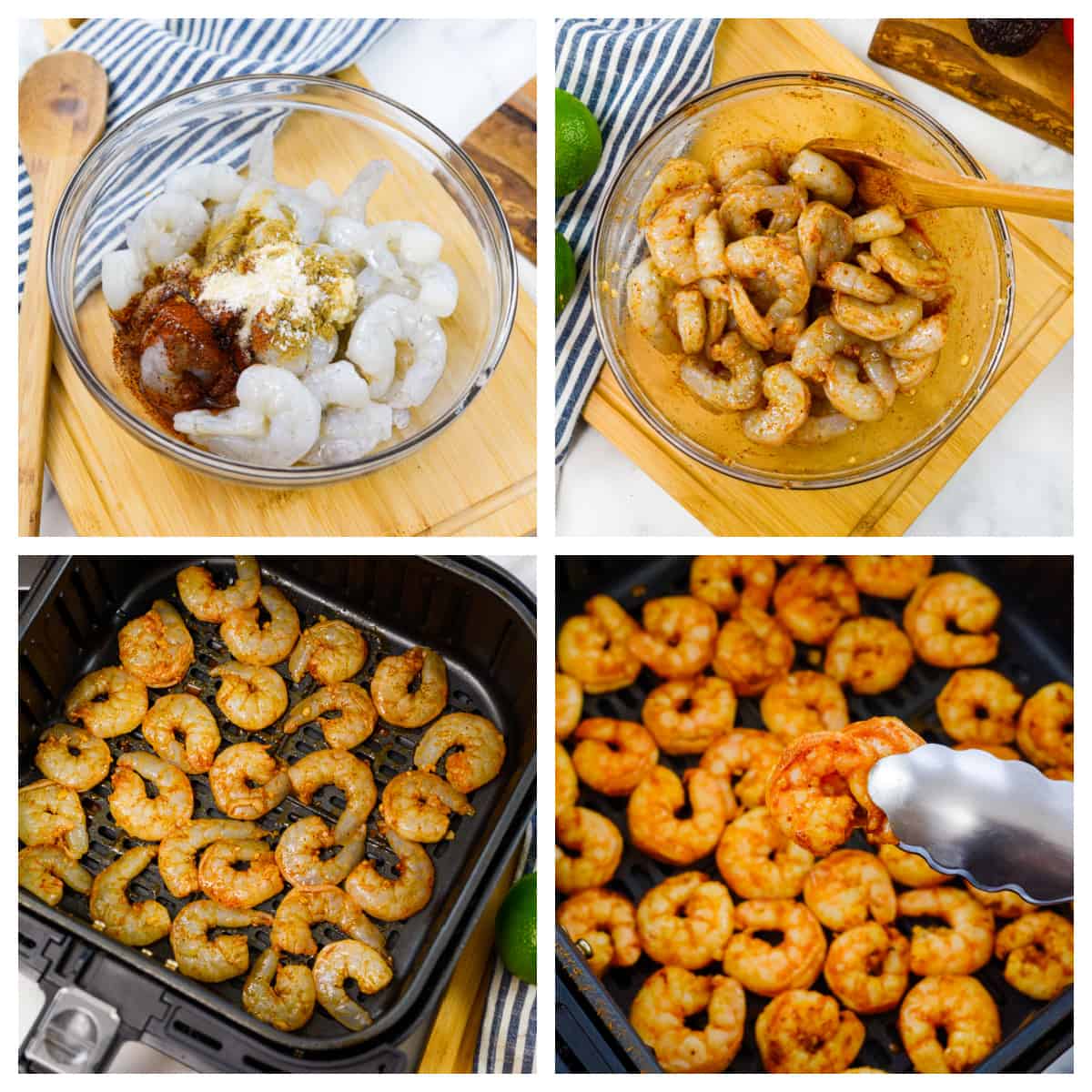 Collage showing how to make air fryer shrimp.