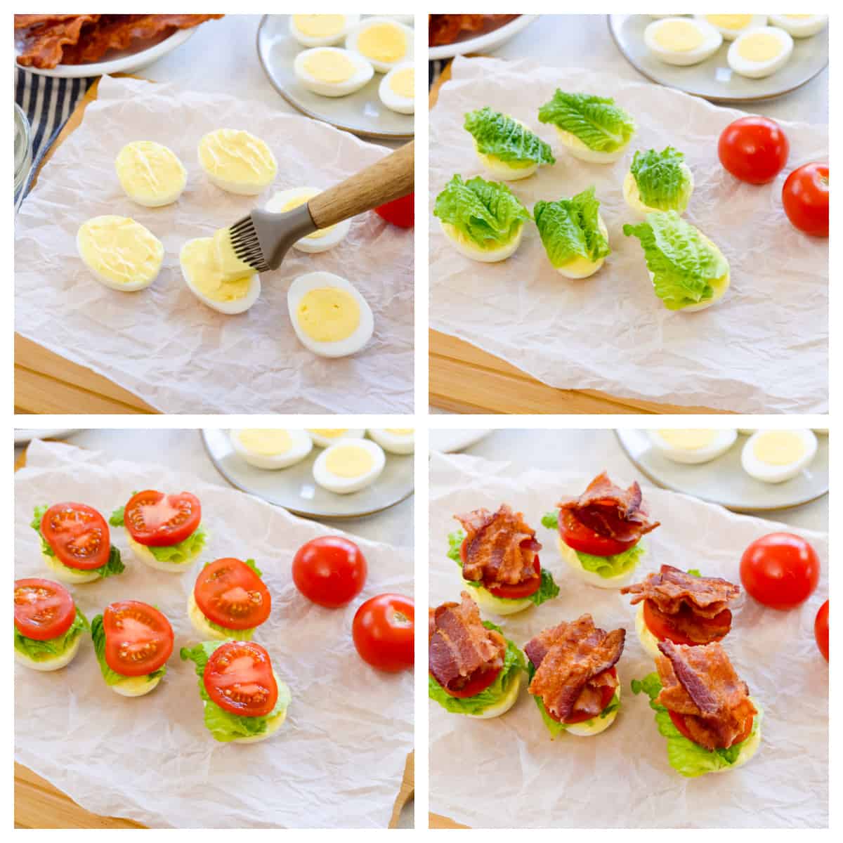 Collage showing how to make BLT boiled eggs.