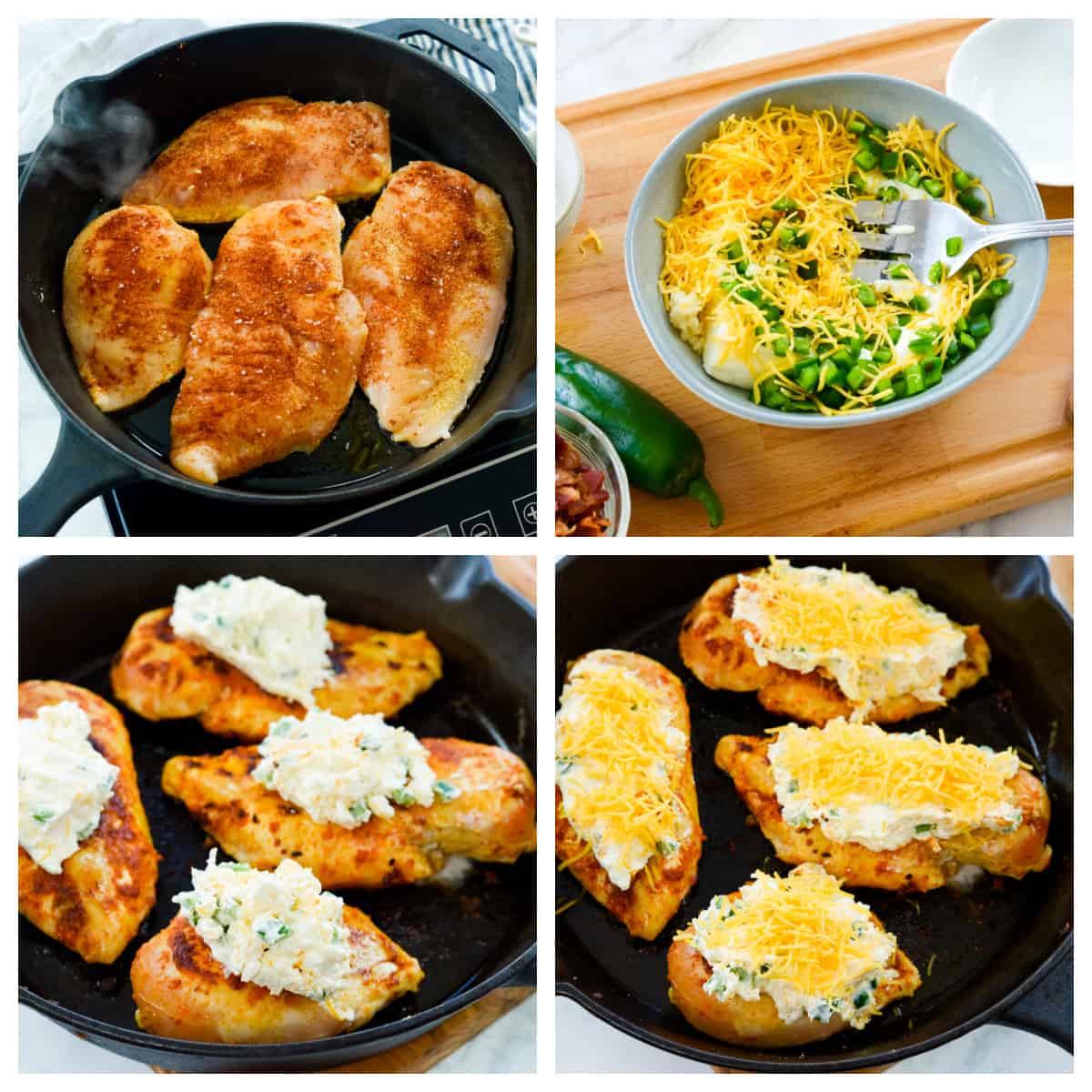 Collage showing how to make jalapeno popper chicken recipe.