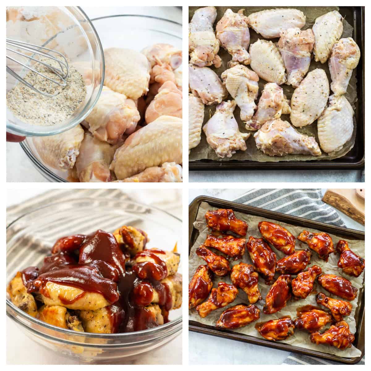 Collage showing how to make baked bbq chicken wings.