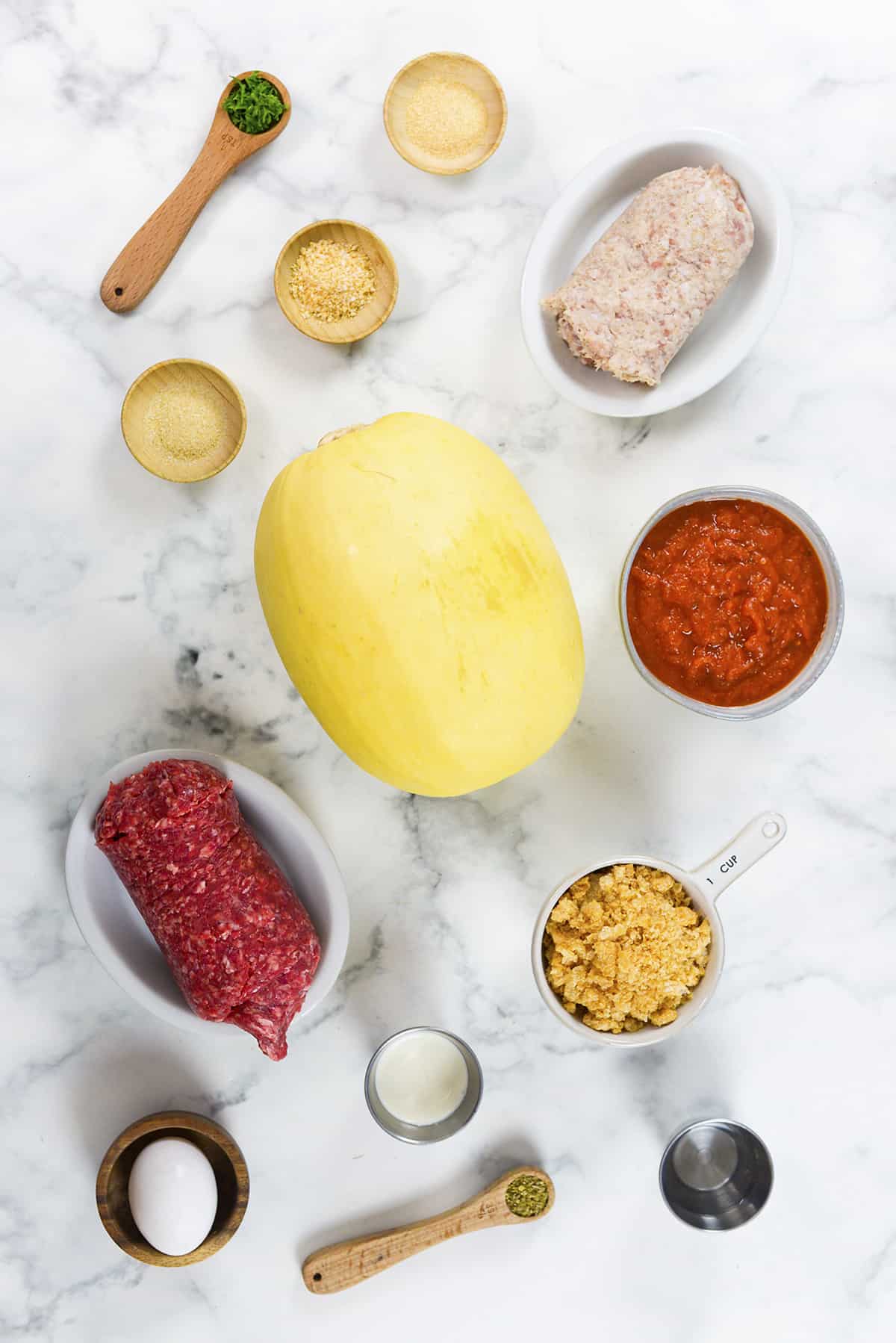 Ingredients for spaghetti squash with meatballs.
