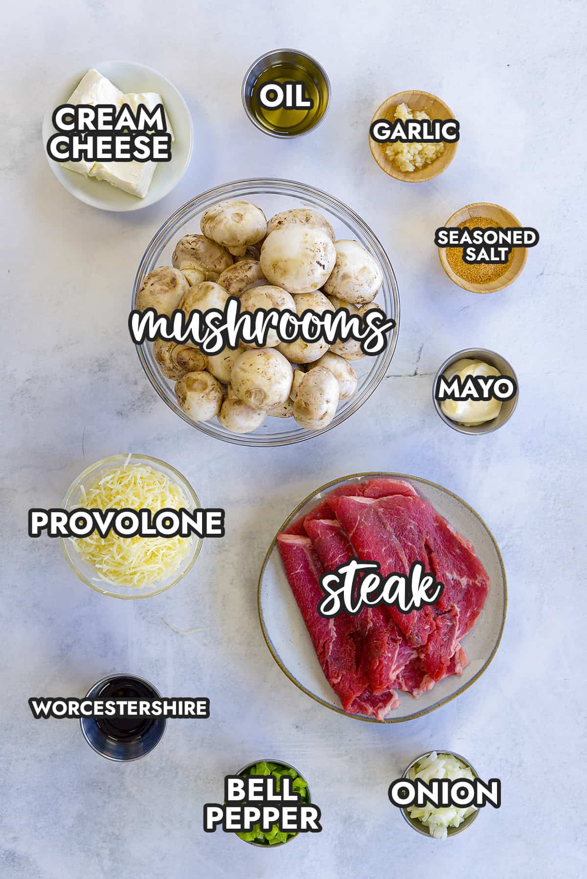 Ingredients for Philly cheese steak stuffed mushrooms.