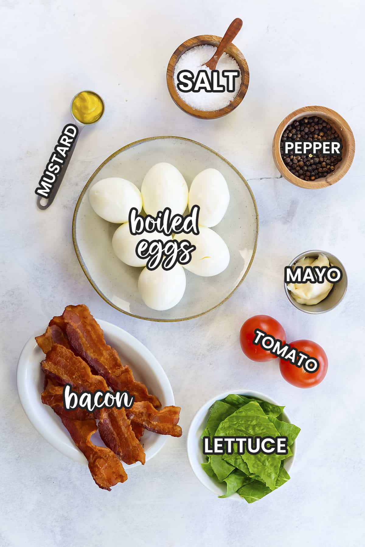 Ingredients for boiled egg BLT sandwiches.