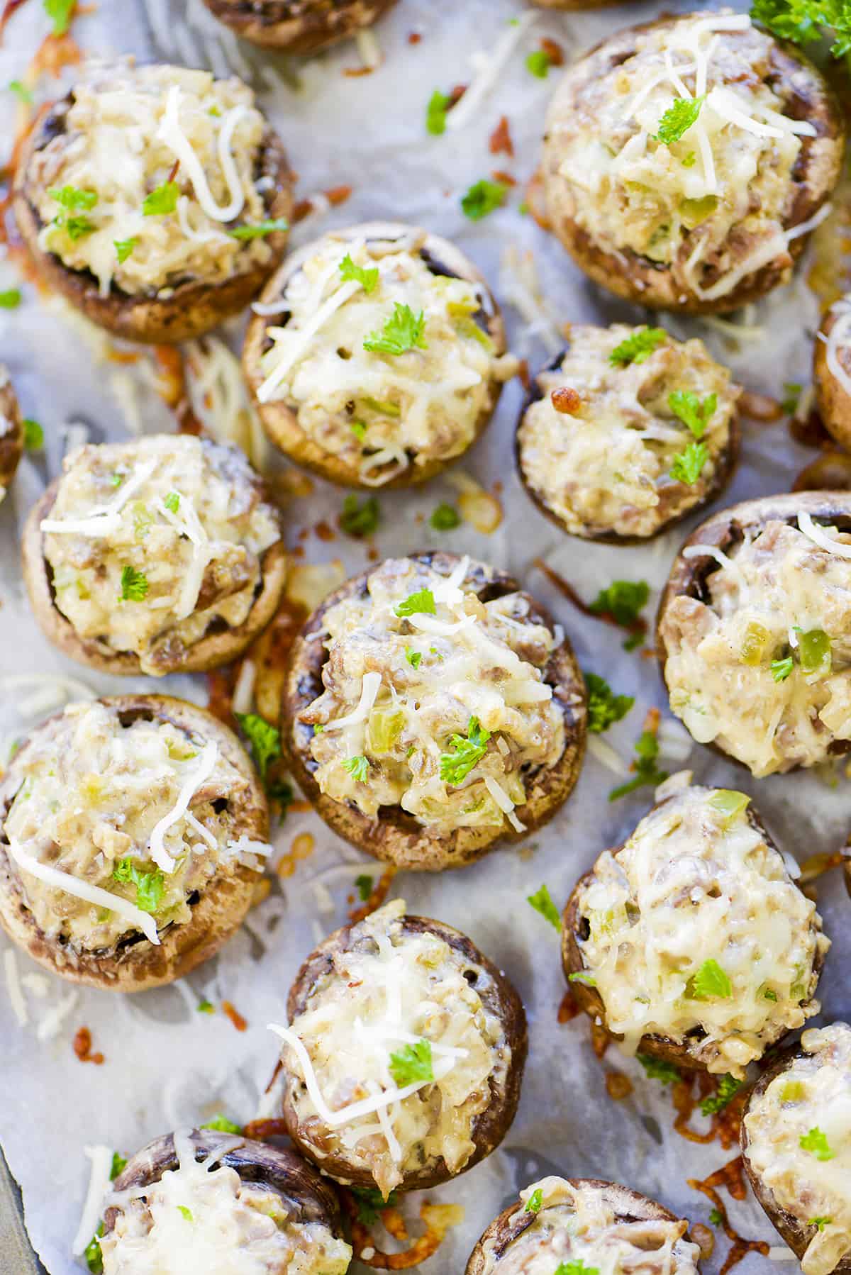 Overhead view of steak stuffed mushrooms.