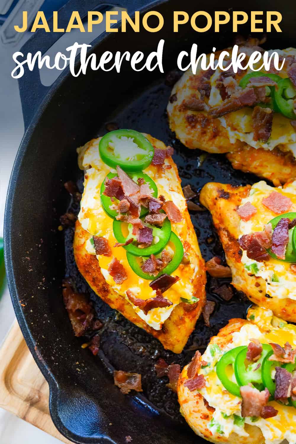 Jalapeno Popper smothered chicken in cast iron skillet.