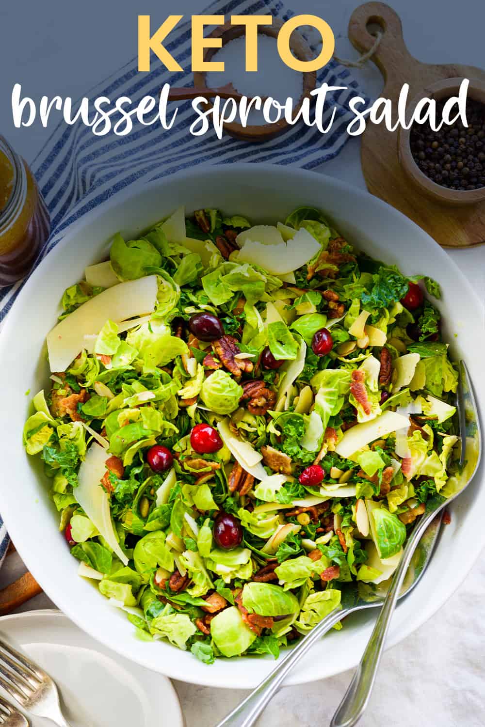 Shaved brussel sprout salad in white bowl.