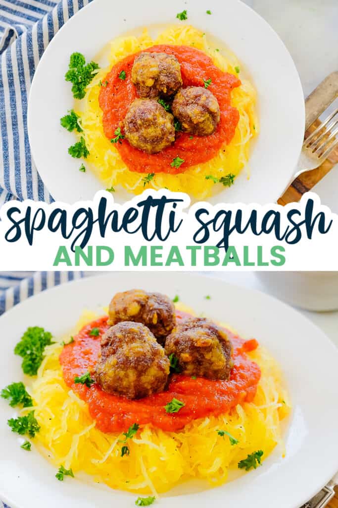 Collage of spaghetti squash and meatballs.Spaghetti squash and meatballs are a great way to enjoy a classic dish without all the carbs! Tender, earthy spaghetti squash is delicious topped with marinara and our homemade low carb meatballs!