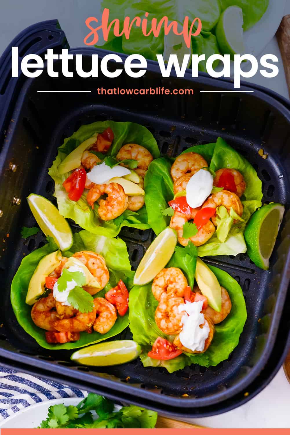 Shrimp lettuce wraps in air fryer basket.