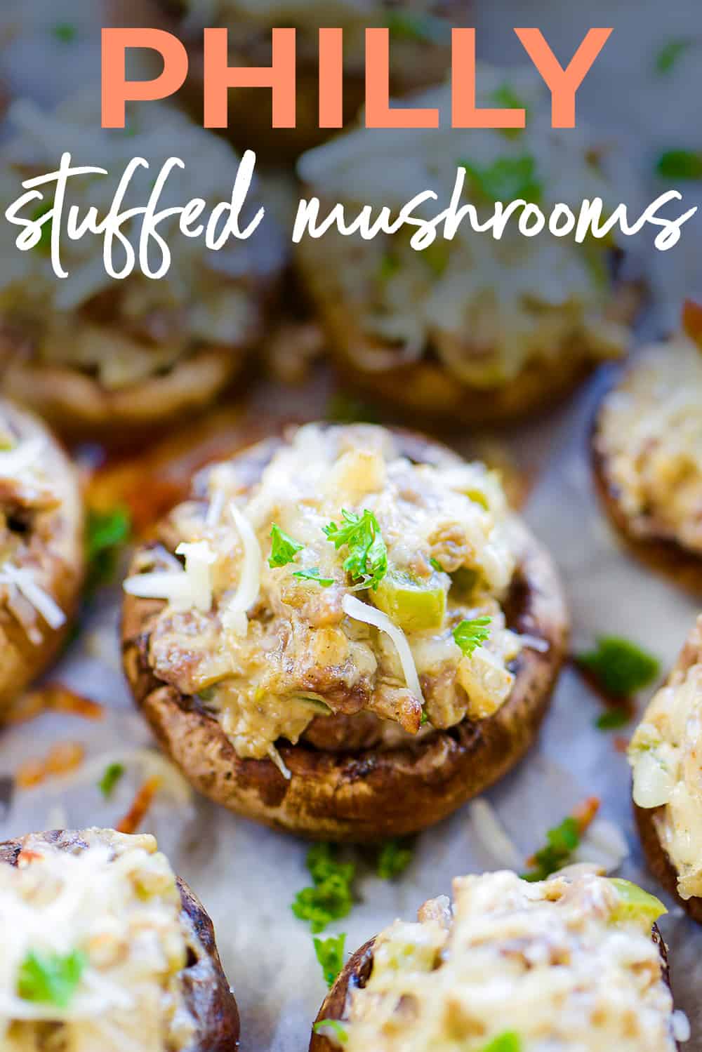 Philly steak stuffed mushrooms on pan.