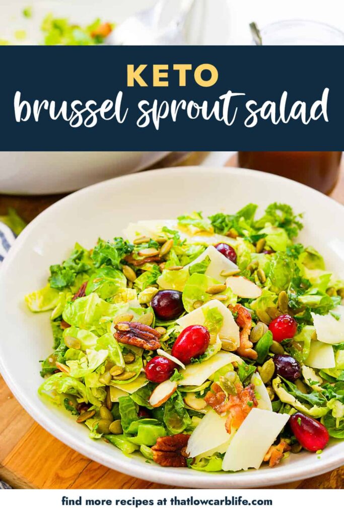 Brussels sprout salad in white bowl.