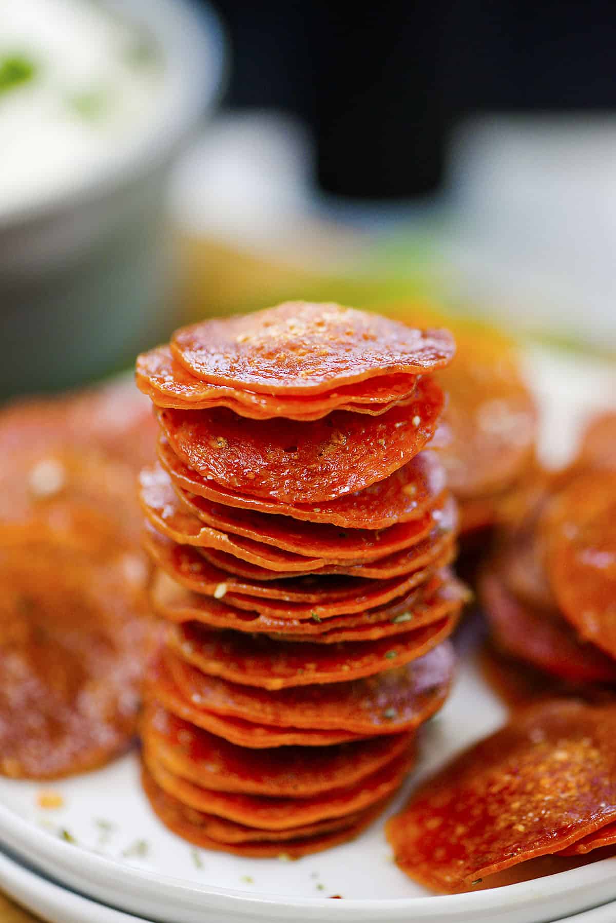 Stack of pepperoni chips.