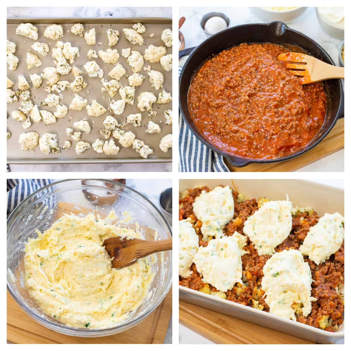 Collage showing how to make keto baked ziti.