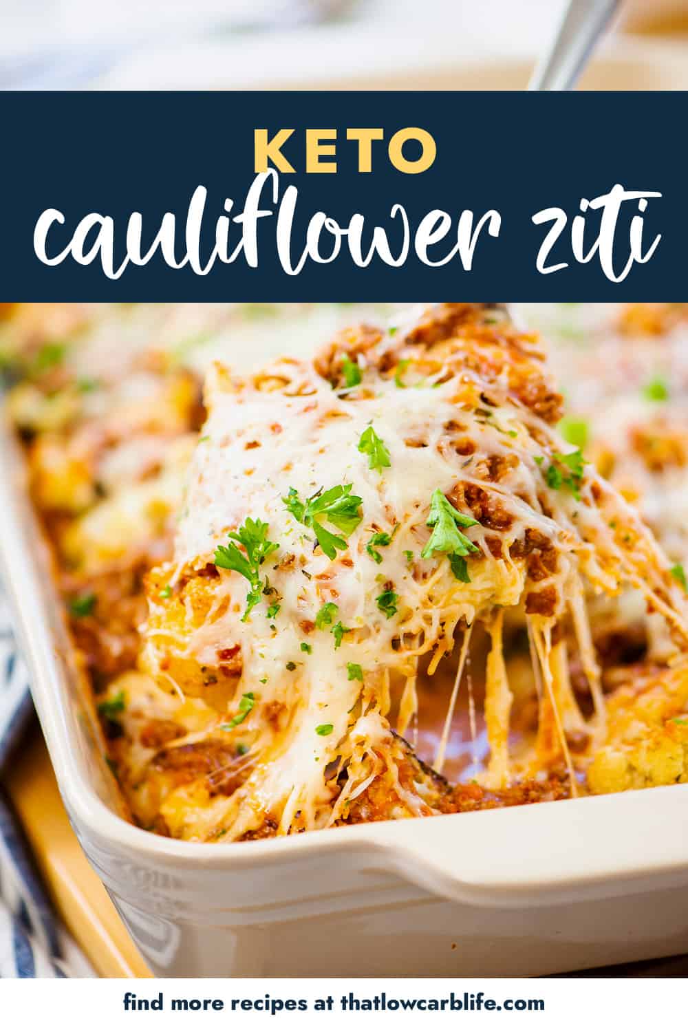 Baked cauliflower ziti in white dish.