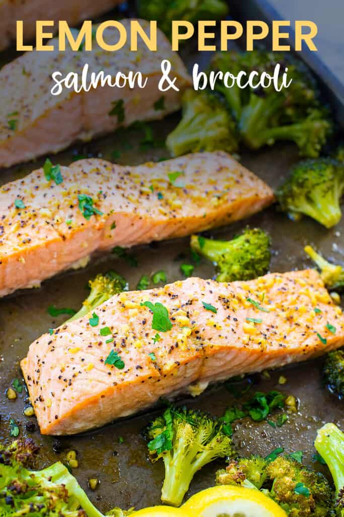 Lemon pepper salmon recipe on sheet pan with broccoli.