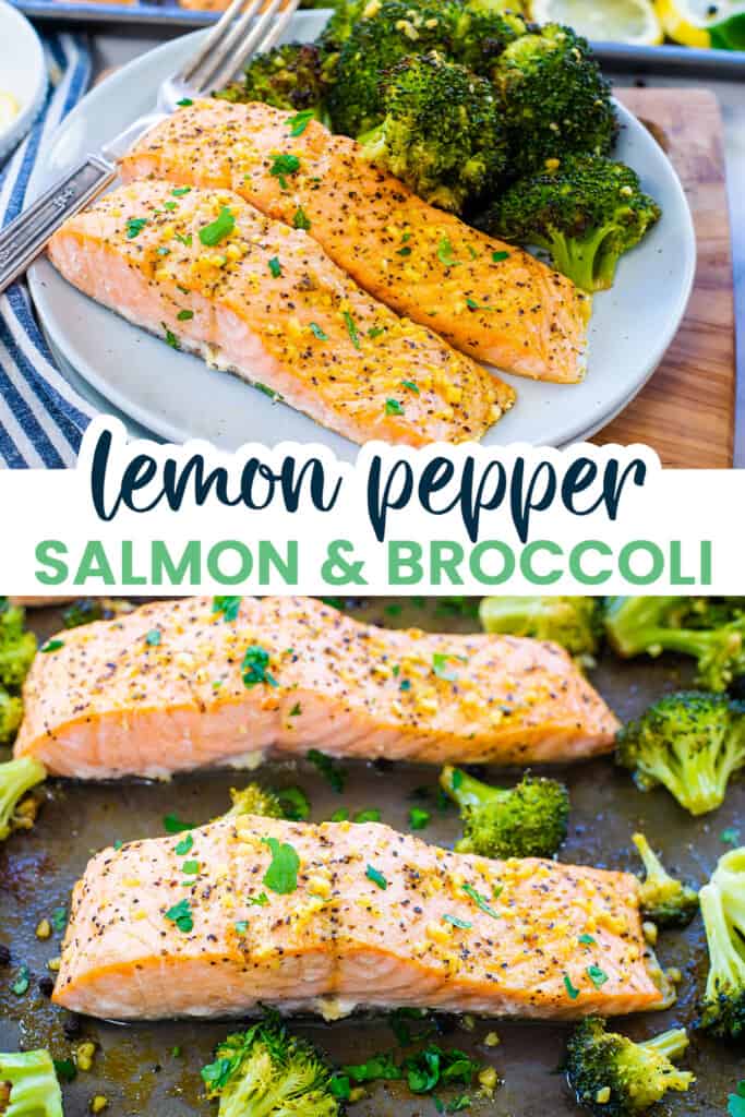 Collage of salmon and broccoli images.