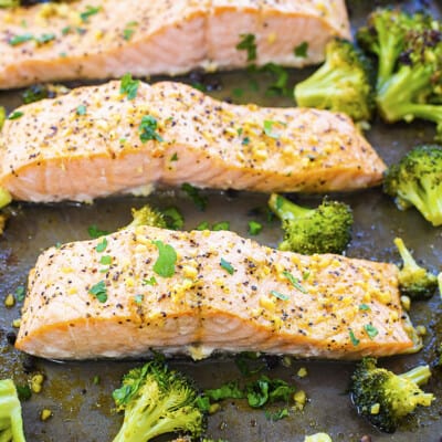 Salmon and broccoli on sheet pan.