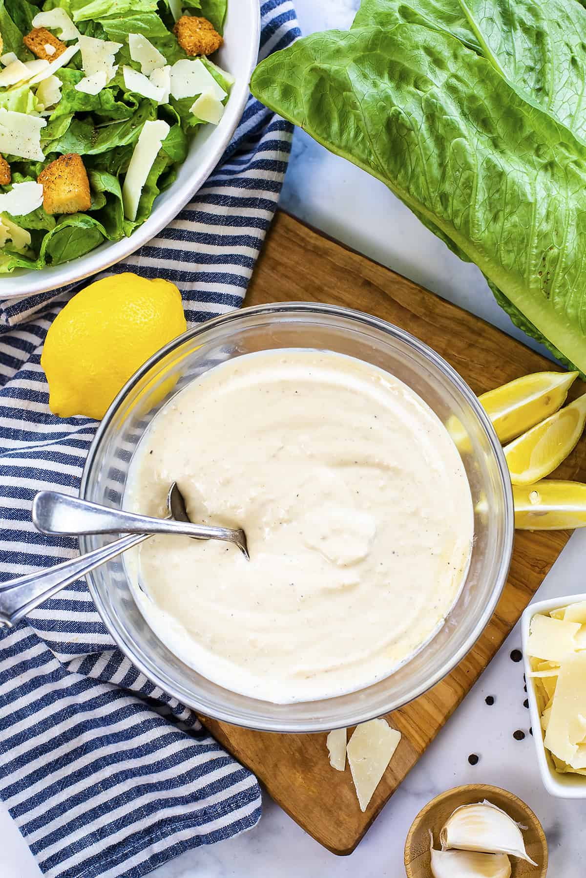 Keto caesar dressing recipe in glass bowl.