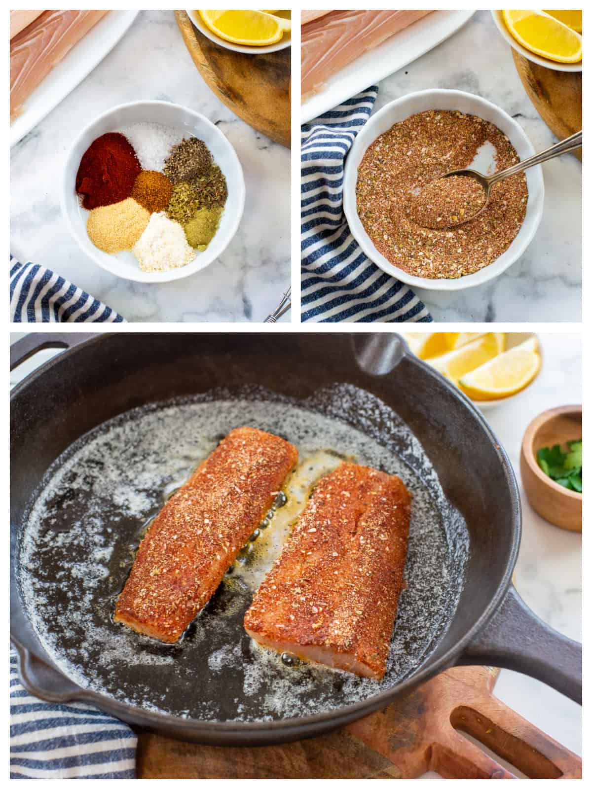 Collage showing how to make blackened mahi mahi.