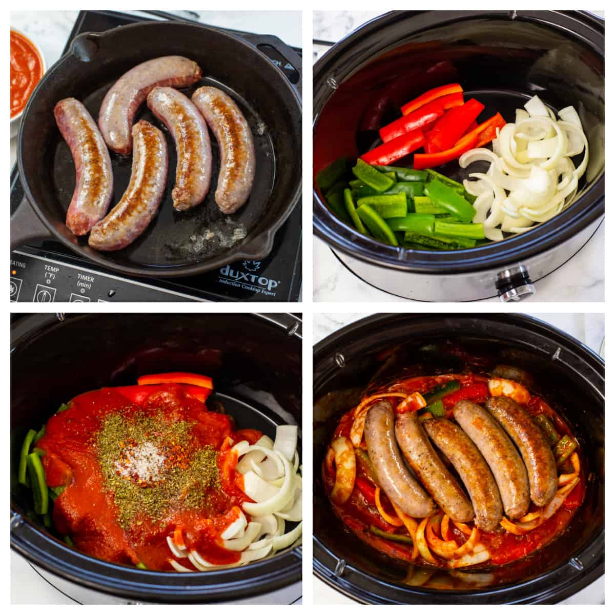 Collage showing how to make crockpot sausage and peppers.