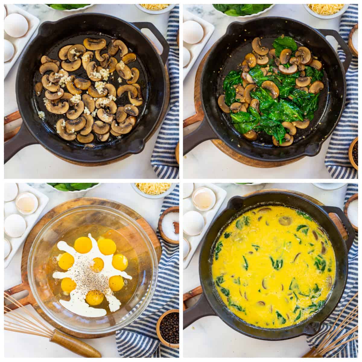 Collage showing how to make mushroom frittata.