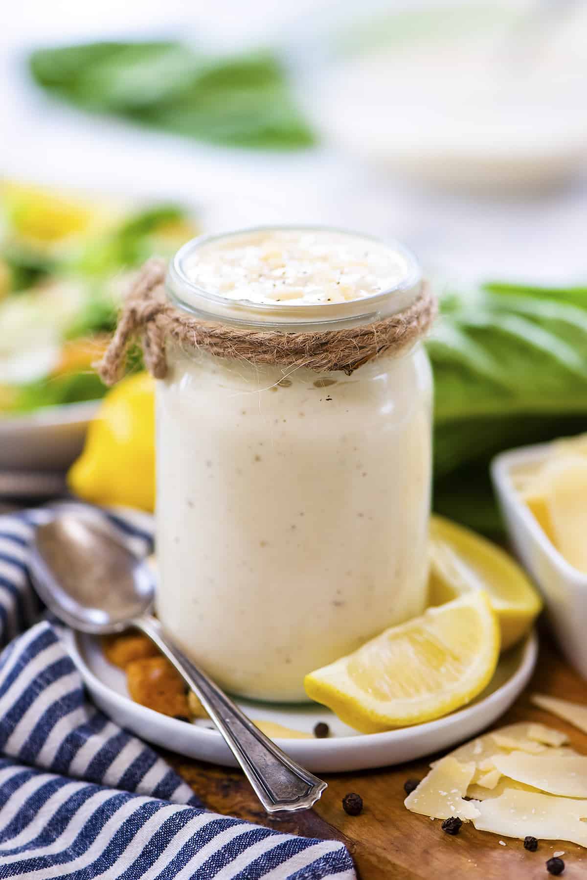 Keto Caesar salad dressing in mason jar.