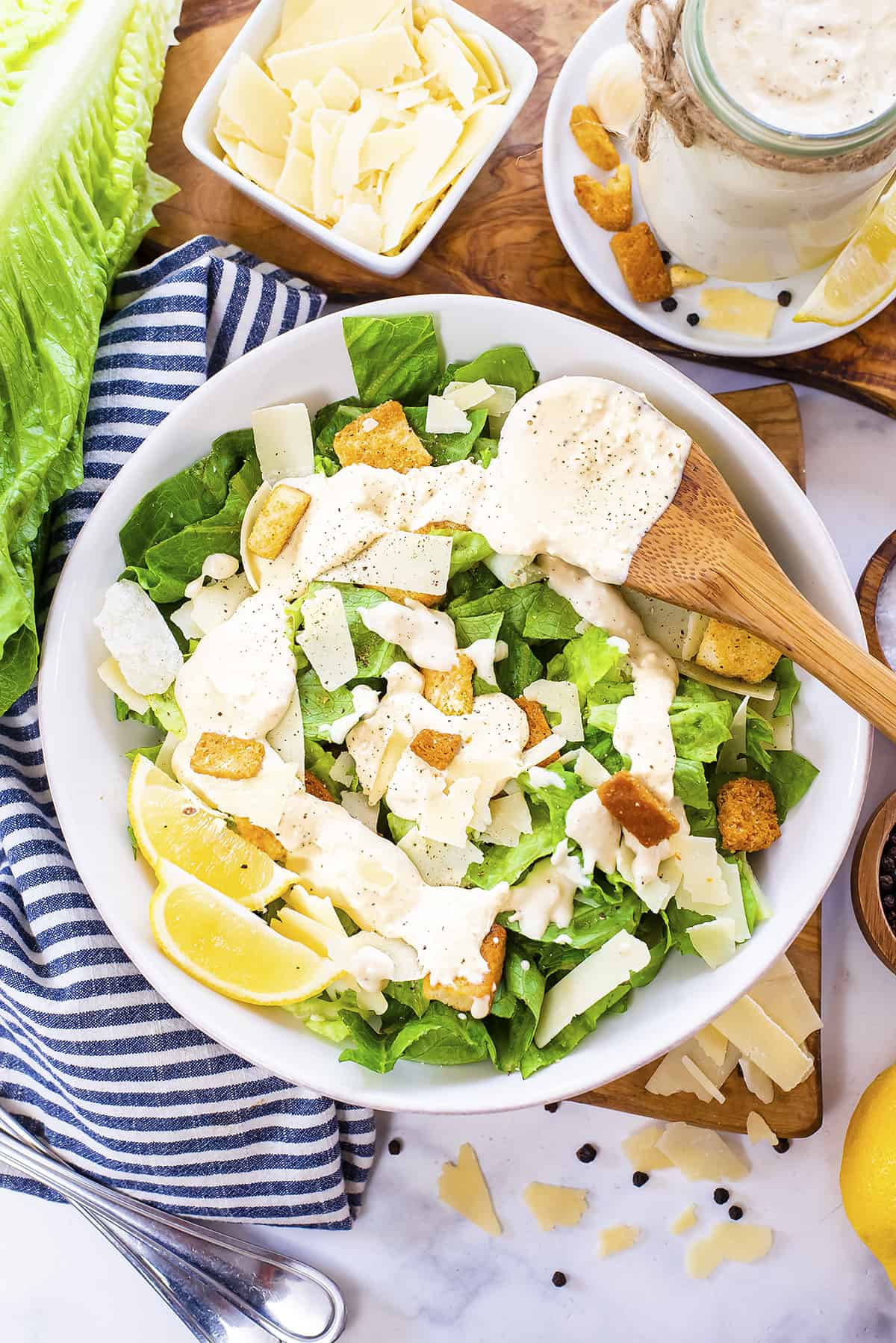 Keto Caesar salad in white bowl.