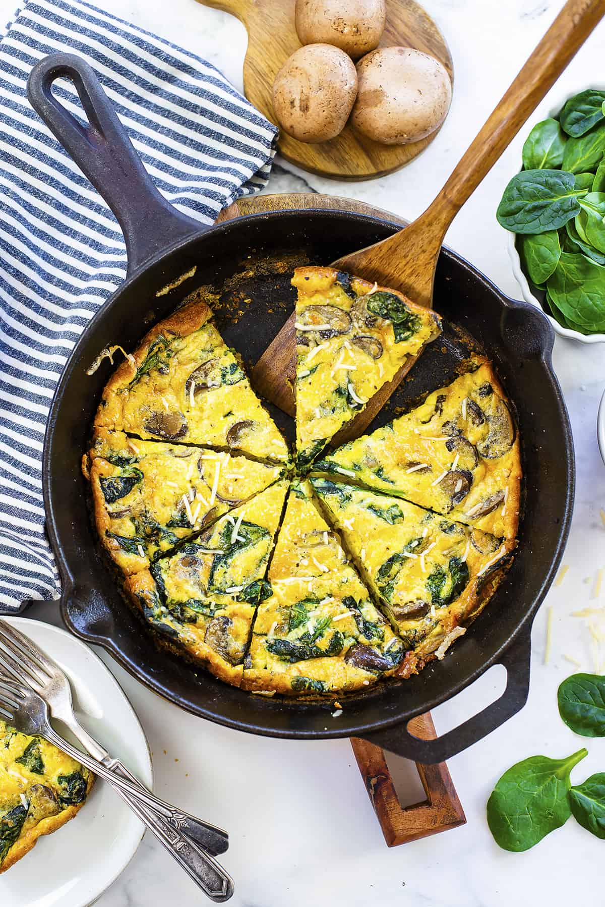 Mushroom frittata in cast iron skillet.