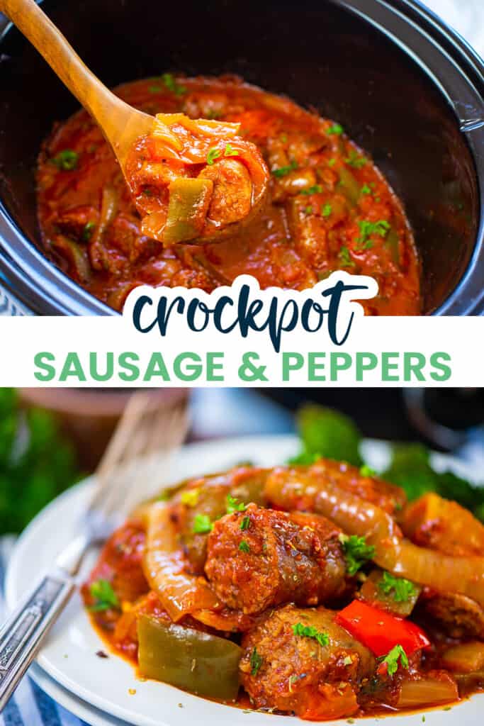 Collage of crockpot sausage and peppers images.