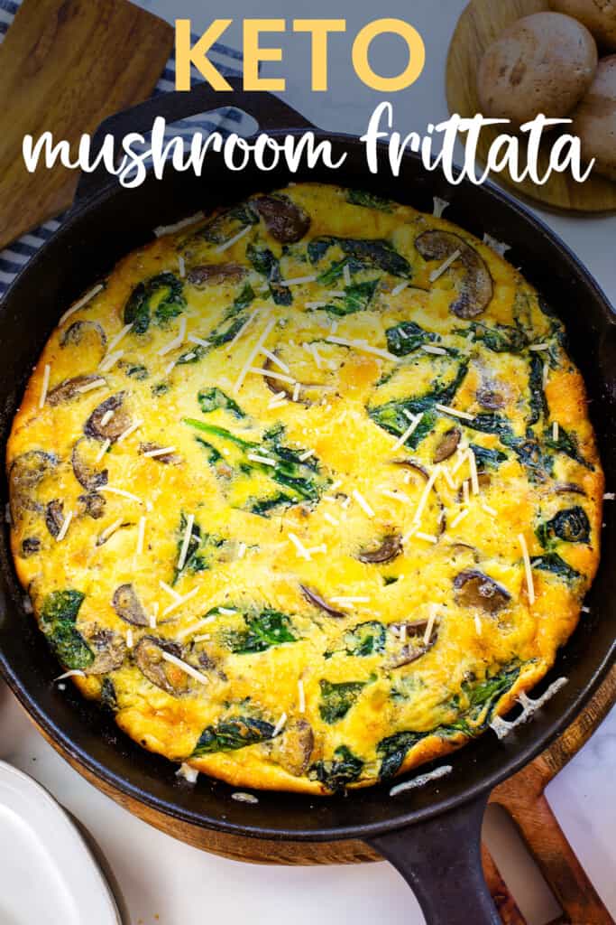 Mushroom and spinach frittata in cast iron skillet.