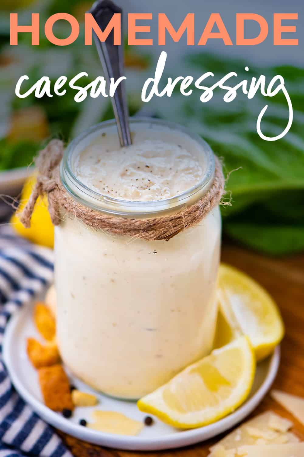 Homemade Caesar salad dressing in mason jar.