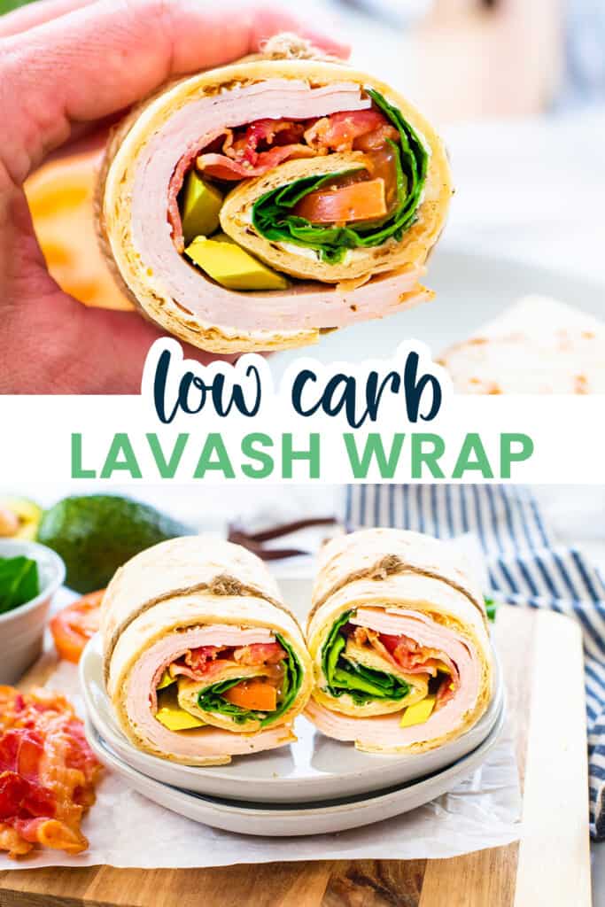 Collage of lavash wraps filling with turkey, bacon, and vegetables.