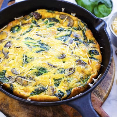 Mushroom frittata in cast iron skillet.